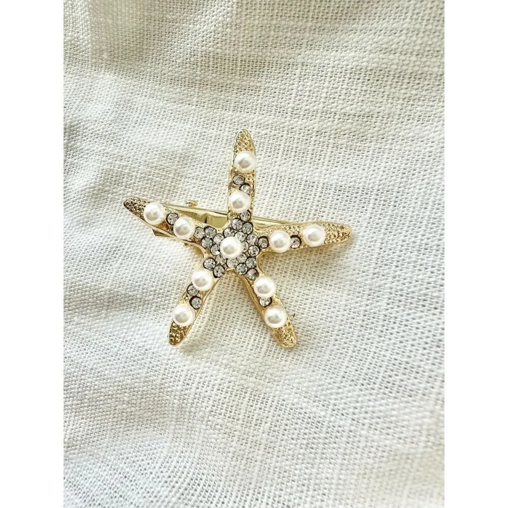 Faux pearl and rhinestone gold starfish hair clip